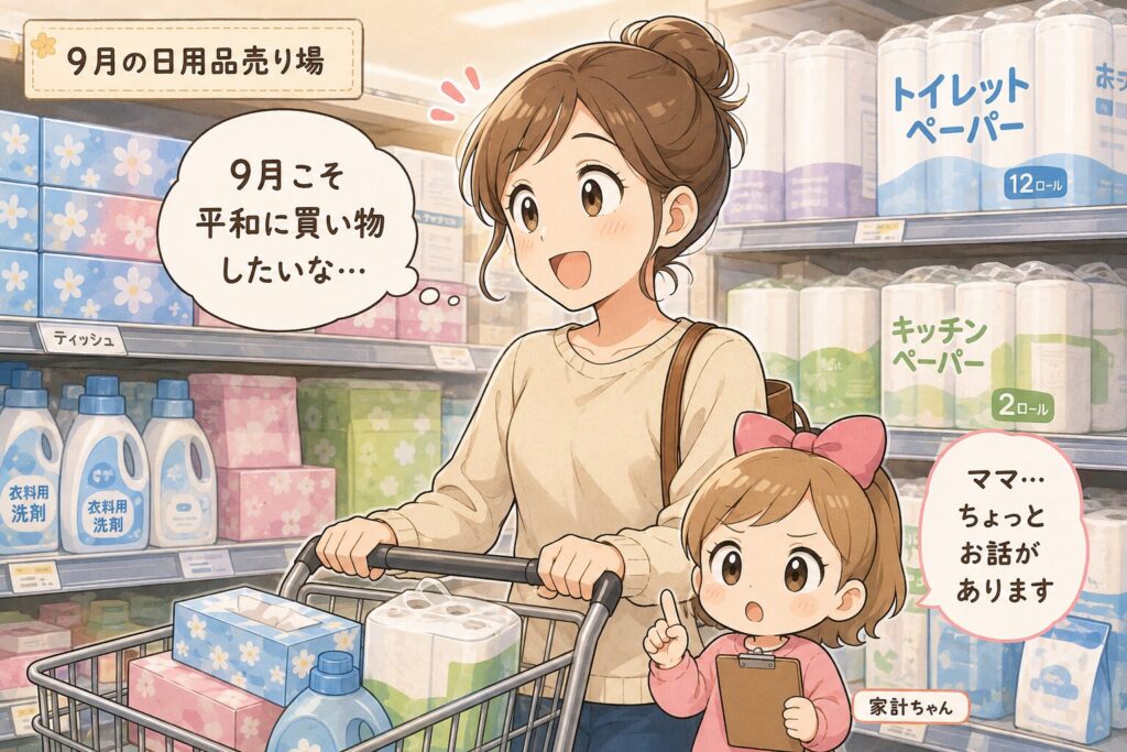 2026年9月の日用品売り場で、平和に買い物したいと話すママに、家計ちゃんが「ちょっとお話があります」と声をかけるマンガ風イラスト。