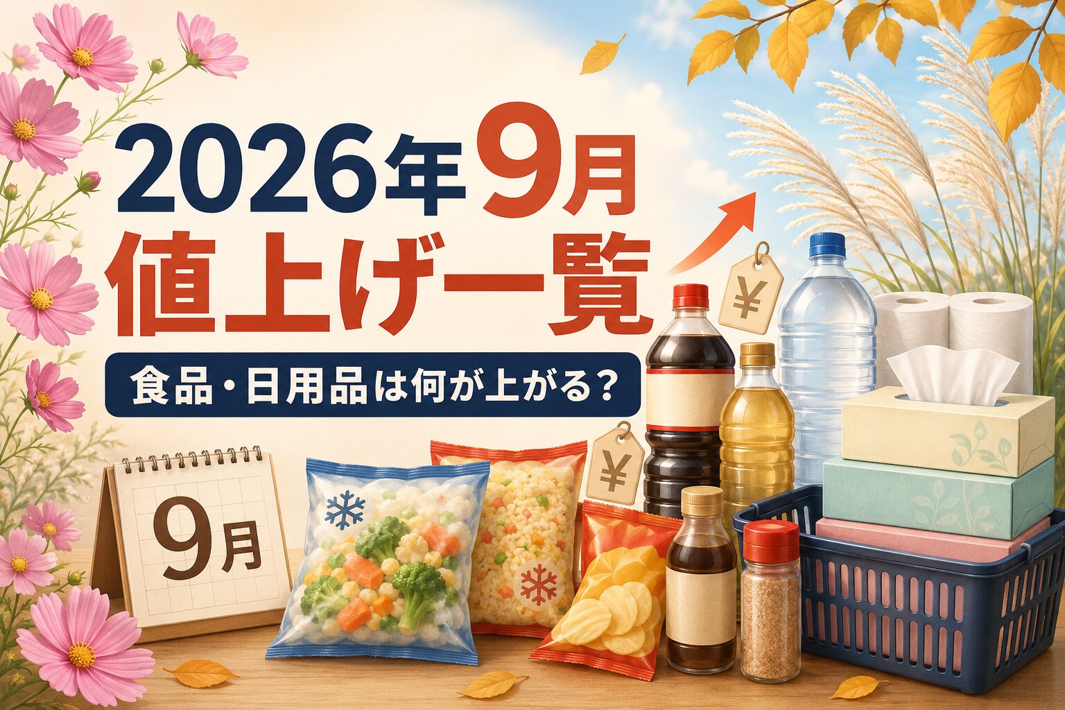 2026年9月の食品・日用品値上げ一覧を示すアイキャッチ。コスモスやすすきと、冷凍食品、調味料、飲料、紙製品が描かれている