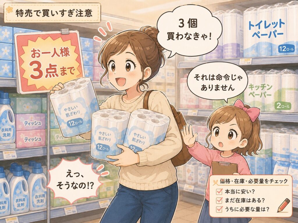 「お一人様3点まで」の表示を見てトイレットペーパーを3個買おうとするママを、家計ちゃんが「それは命令ではありません」と冷静に止めるマンガ風イラスト。