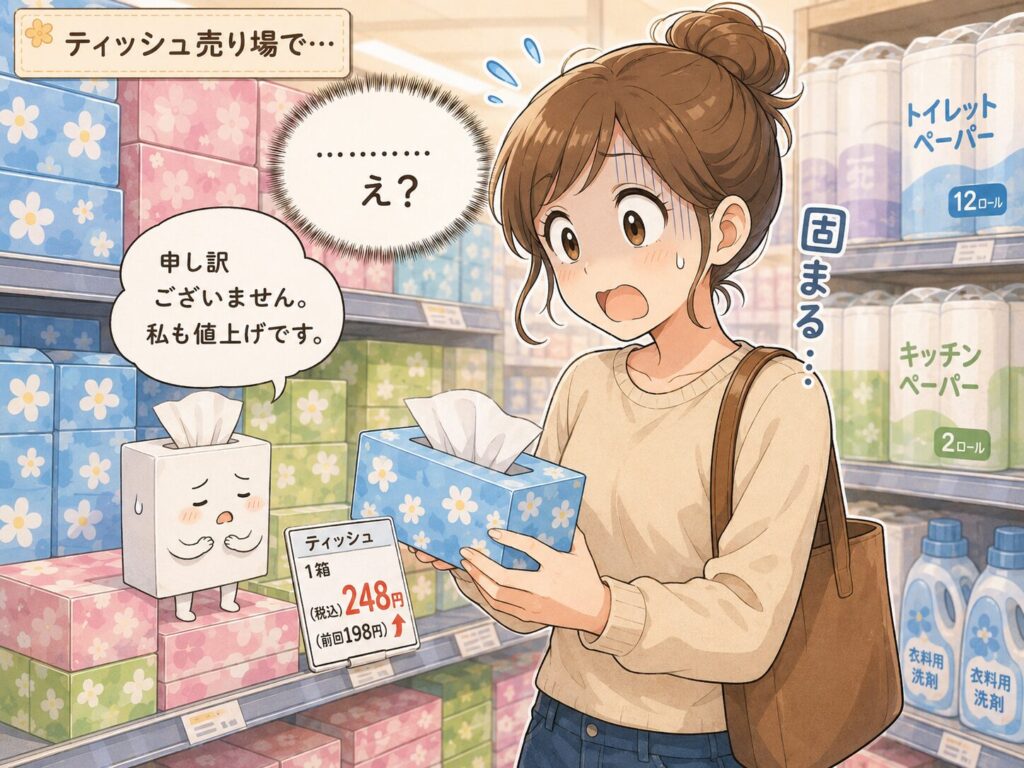 スーパーのティッシュ売り場で値札を見て固まるママと、「申し訳ございません。私も値上げです」と話すティッシュ氏を描いたマンガ風イラスト。