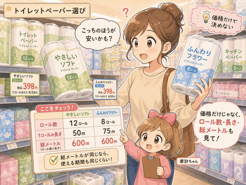 スーパーでトイレットペーパーを比較するママと、価格だけでなくロール数・1ロールの長さ・総メートルも確認するよう説明する家計ちゃんのマンガ風イラスト。