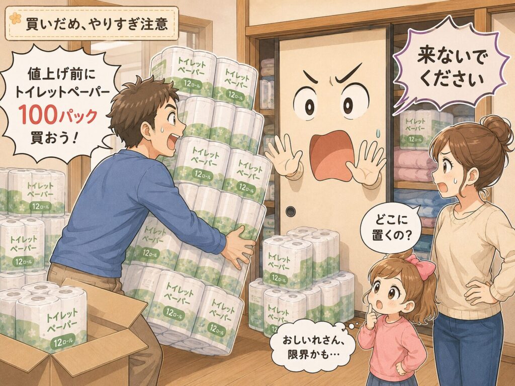値上げ前にトイレットペーパー100パックを買おうとするパパを、「来ないでください」と拒否する押し入れさんと、あきれるママと家計ちゃんを描いたマンガ風イラスト。