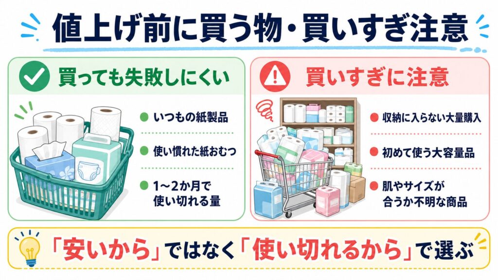 値上げ前に買っても失敗しにくい日用品と、買いすぎに注意したい商品を比較した図