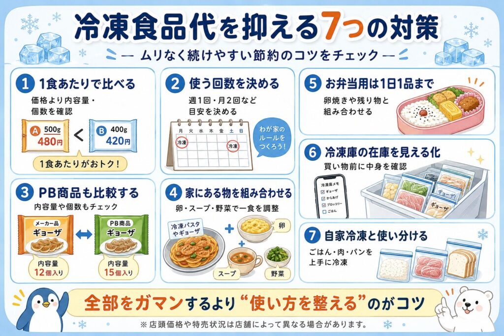 冷凍食品代を抑える7つの対策。1食あたりの比較、PB商品、在庫管理、自家冷凍などの節約方法を紹介