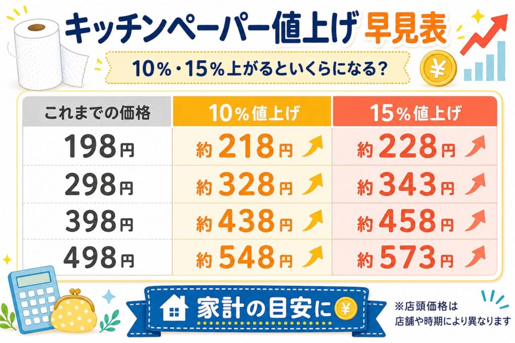 キッチンペーパー値上げの早見表画像。198円、298円、398円、498円の商品が10％値上げ・15％値上げした場合の目安価格を表で比較し、家計への影響を分かりやすく示している。