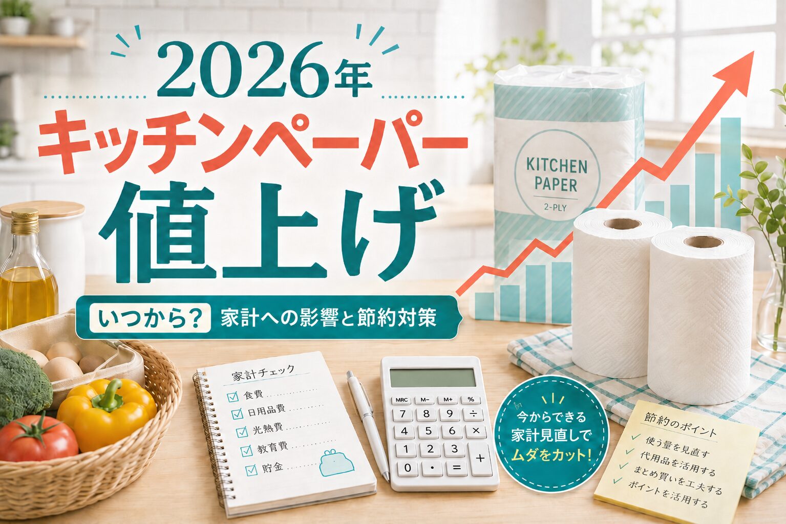 2026年のキッチンペーパー値上げをテーマにした横長アイキャッチ画像。明るいキッチンの背景に、キッチンペーパー、家計チェックノート、電卓、食材入りバスケット、値上げを示す上昇グラフが配置され、「2026年 キッチンペーパー 値上げ」「いつから？家計への影響と節約対策」の文字が入っている。