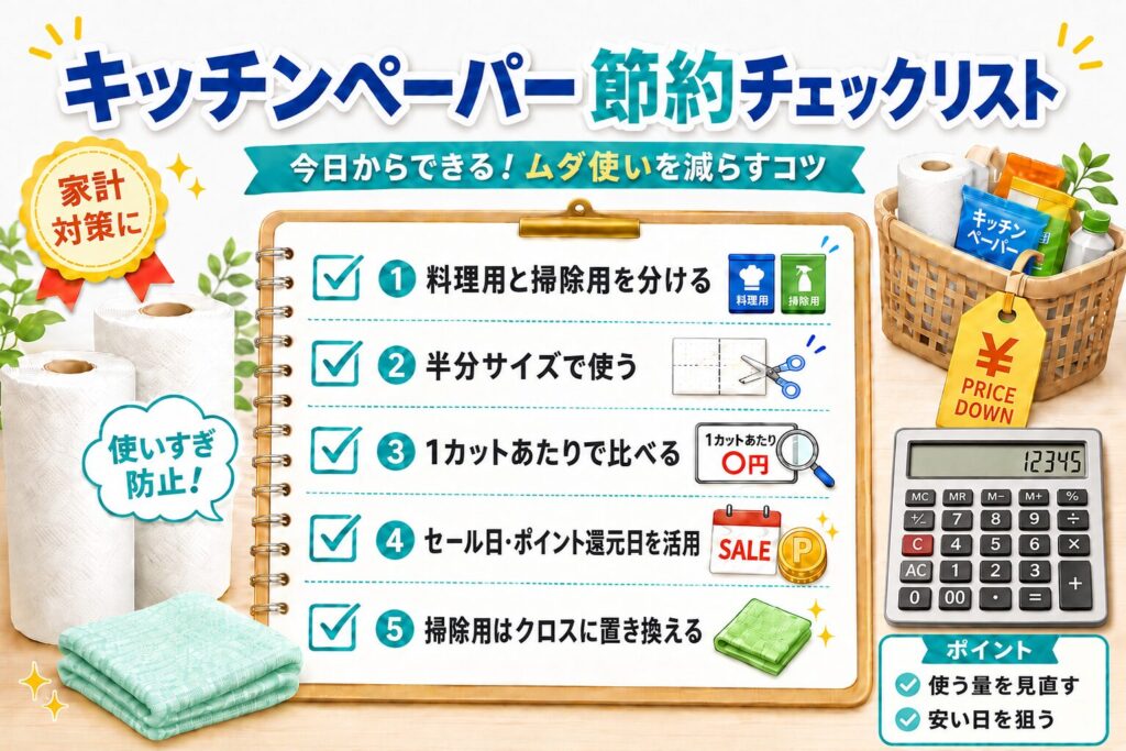 キッチンペーパーの節約チェックリストをまとめた横長画像。料理用と掃除用を分ける、半分サイズで使う、1カットあたりで比べる、セール日やポイント還元日を活用する、掃除用はクロスに置き換える、という5つの節約ポイントを、キッチンペーパーや電卓、買い物かごのイラストと一緒に分かりやすく紹介している。