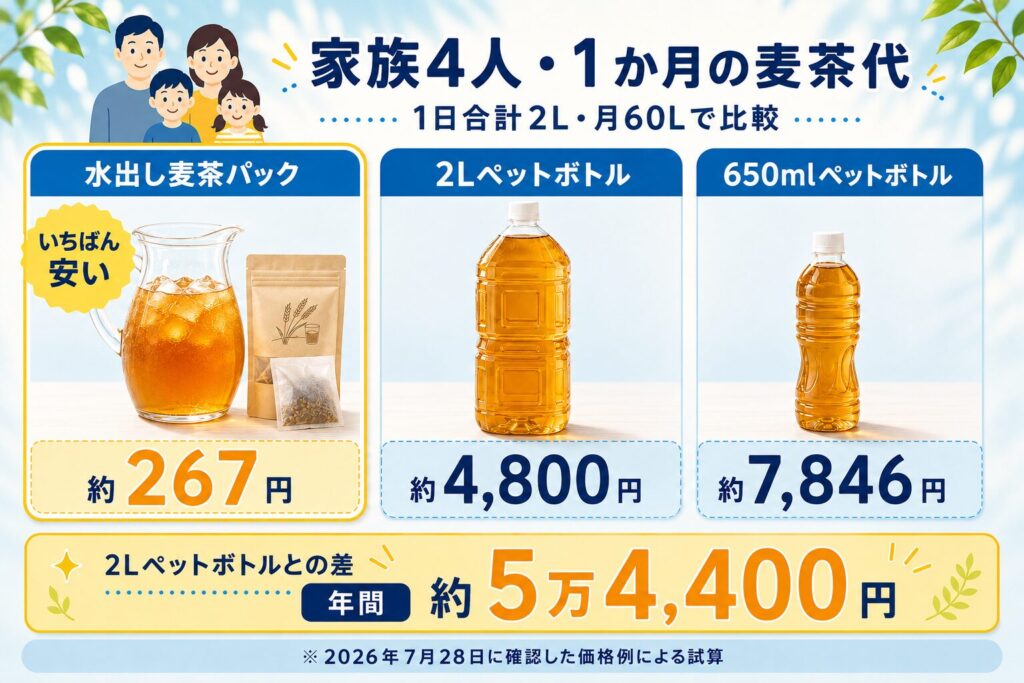 家族4人が1か月に飲む麦茶代を麦茶パック・2L・650mlペットボトルで比較した図解