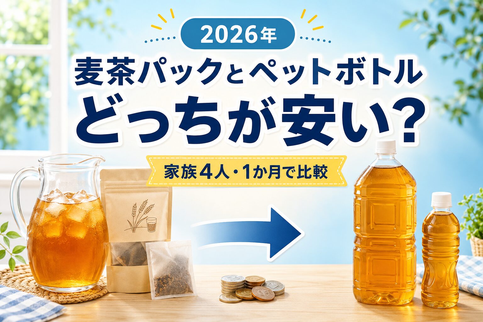 麦茶パックとペットボトルの価格を家族4人・1か月分で比較したイメージ