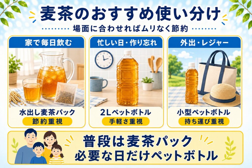 家では水出し麦茶パック、忙しい日は2Lペットボトル、外出時は小型ペットボトルを使い分ける方法を示した図解
