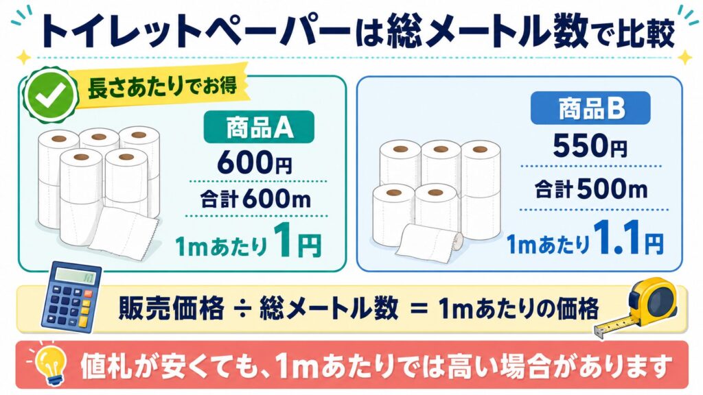 トイレットペーパーの商品Aと商品Bを総メートル数・1mあたりの価格で比較した図