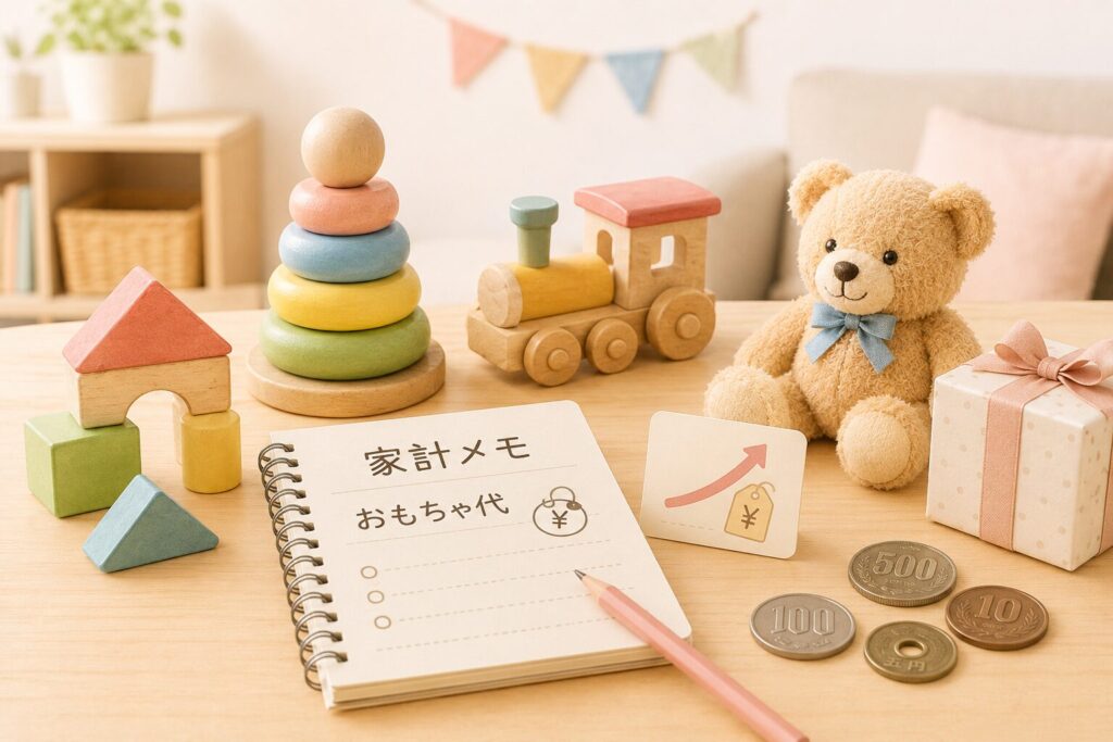 家計メモに「おもちゃ代」と書かれたノートの周りに、木のおもちゃやぬいぐるみ、プレゼント箱、小銭が並ぶ本文用画像。おもちゃ代の見直しをやさしく表現。