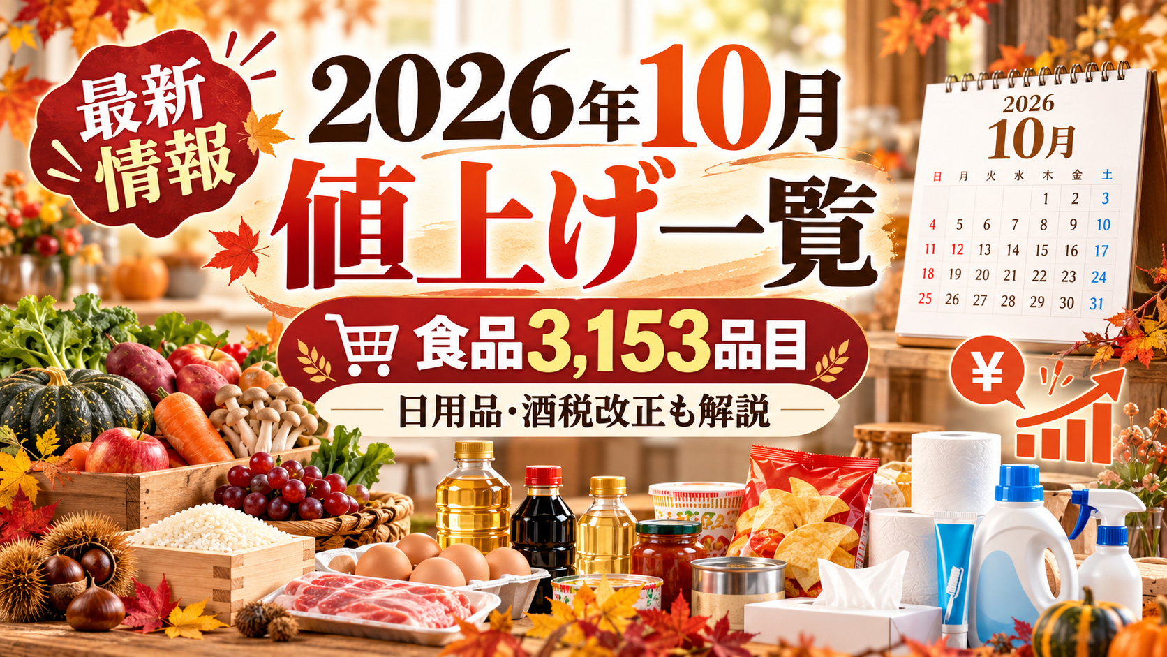 紅葉やかぼちゃなど10月の季節感を取り入れた、2026年10月の値上げ一覧アイキャッチ画像。食品3,153品目、日用品、酒税改正を紹介