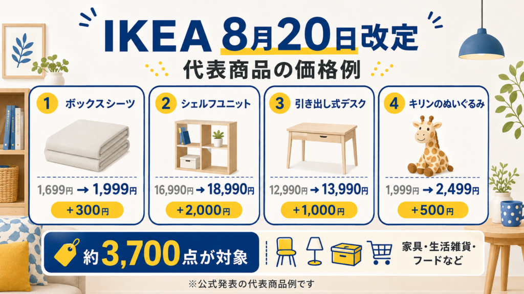 2026年8月20日のIKEA価格改定を紹介する図解。ボックスシーツ、シェルフユニット、引き出し式デスク、キリンのぬいぐるみの新旧価格を比較