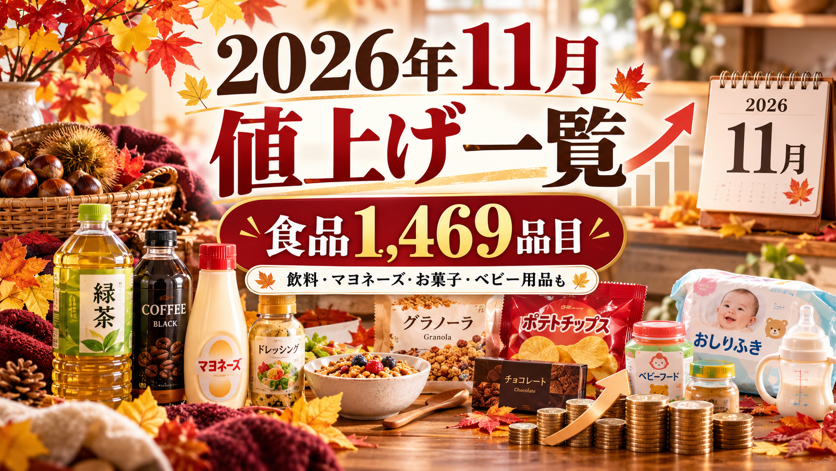 紅葉や栗など11月の季節感を取り入れた、2026年11月の値上げ一覧アイキャッチ画像。食品1,469品目、飲料、マヨネーズ、お菓子、ベビー用品を紹介